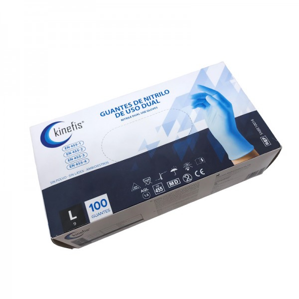 Guantes de nitrilo ambidiestro, sin polvo, de uso dual en color azul: con Certificación EN455-4 y EN374-5 (Caja de 100 unidades)