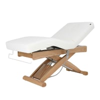 Camilla masaje eléctrica Cyx +: tres motores, colchón SuperSoft, tapizado PU blanco y acabado en madera natural Camilla masaje eléctrica Cyx +: tres motores, colchón SuperSoft, tapizado PU blanco y acabado en madera natural