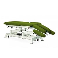 Camilla eléctrica multifuncional para osteopatía: nueve cuerpos, con respaldo reclinable en negativo, reposabrazos, pliegue central y Trendelenburg con ruedas escamoteables