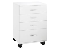 Carrito de madera blanca Handy: Equipado con cuatro cajones y cuatro ruedas para una mayor movilidad