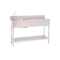 Mesa de trabajo fabricada en acero inoxidable: dos planos lisos, patas niveladoras y una cubeta. Sin grifo (150 x 60 x 85 cm)