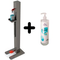 Mueble dispensador COVID-19: regulable en altura y accionamiento automático con el pie + gel hidroalcohólico de regalo (500ml)