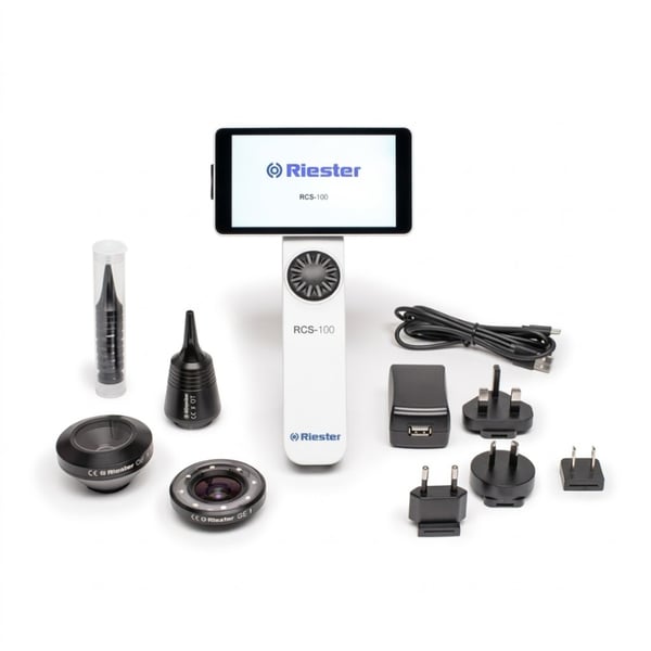 Cámara de diagnóstico digital: RCS-100 Riester con lentes intercambiables actúa como otoscopio, dermatoscopio, lente general y adaptador para endoscopia