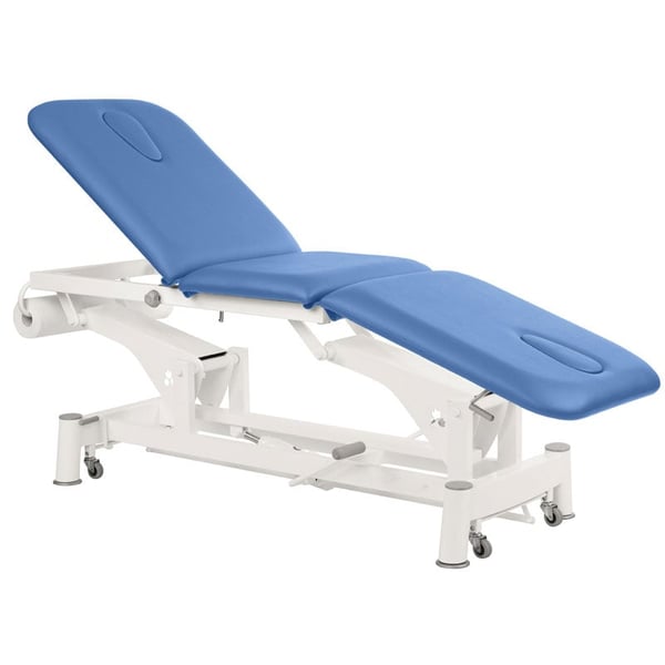 Camilla hidráulica Ecopostural: tres cuerpos, con estructura de biela blanca y patas de acero (62 x 198 cm)