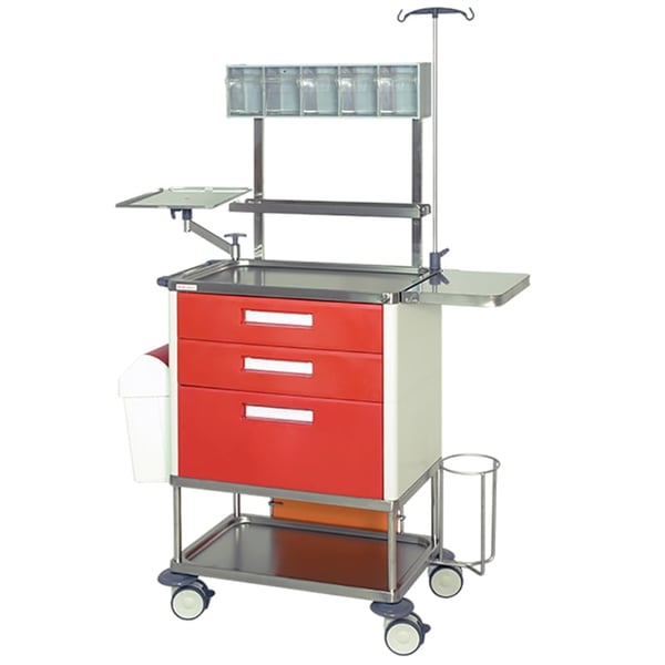 Carro de parada Plus: En acero inoxidable de tres cajones con tablero auxiliar abatible