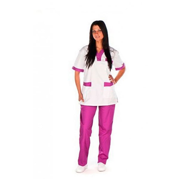 ÚLTIMAS TALLAS - Casaca sanitaria unisex Kinefis en blanco y morado. Tergal 200 gramos (Talla L: 48)