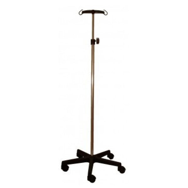 Soporte de suero Kinefis de acero cromado con base y dos colgadores de PVC