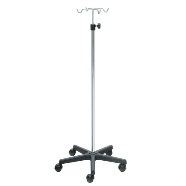 Soporte de suero Kinefis de acero inoxidable con base de PVC y cuatro colgadores de acero inoxidable