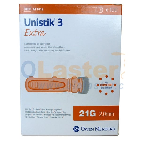 Pack de 100 Lancetas Unistick 21G para Analizador de Hemoglobina DiaSpect TM: De un sólo uso y retráctil