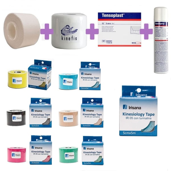 PACK VENDAJE TOTAL IRISANA: Pack 12 Rollos Vendaje Neuromuscular Kinesiology Tape Irisana + 32 Tape Anticrisis + 6 Pretape Kinefis + Tensospray + 12 Tensoplast