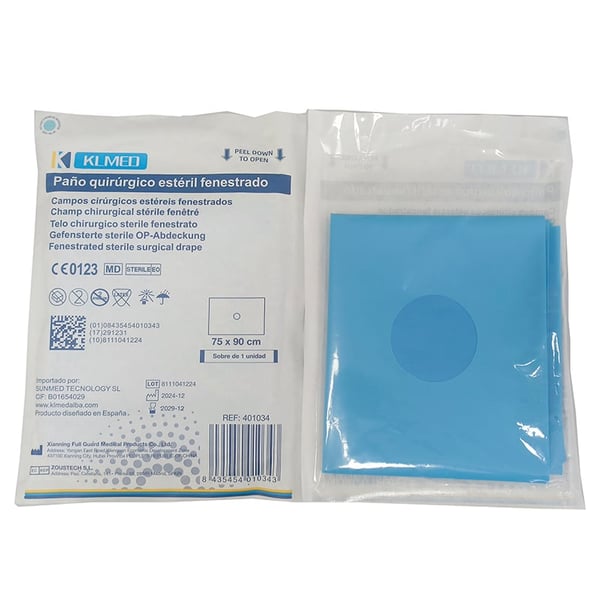 Paños quirúrgicos estériles fenestrados con adhesivo central partido en dos mitades (varias medidas)