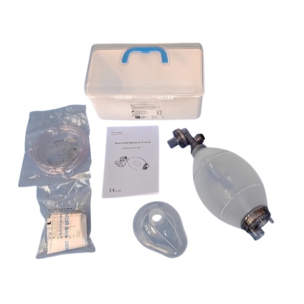 Resucitador manual de silicona sin látex para ventilación manual y reanimación. Disponible en versiones adulto y pediátrica