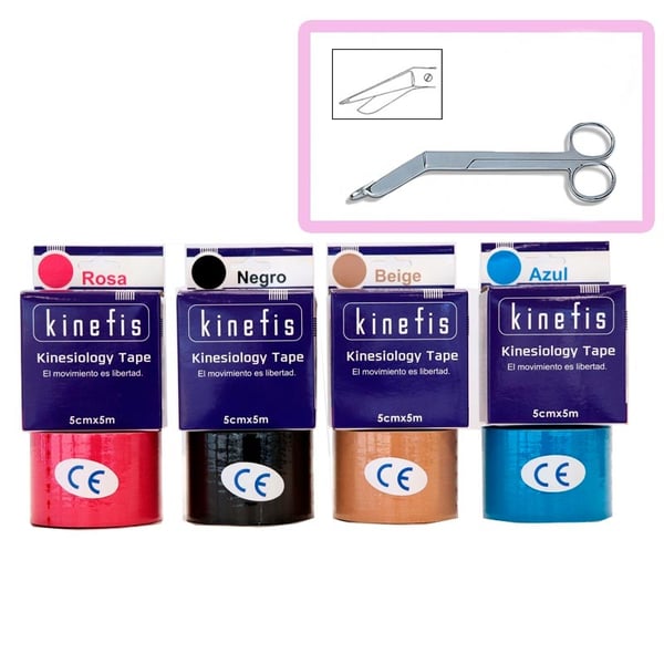 Pack Ahorro - 12 Rollos Vendaje Neuromuscular - Kinefis Kinesiology Tape 5cm x 5metros + Tijera de Vendajes Kinefis 18 cm de REGALO