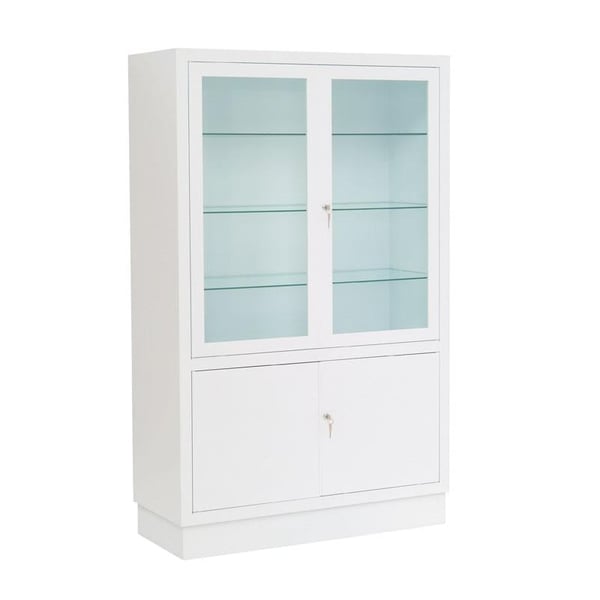 Vitrina armario clínica de acero pintado: Puertas de cristal con cerradura, tres entrepaños de cristal fijos y un entrepaño de chapa fijo (100x40x160cm)