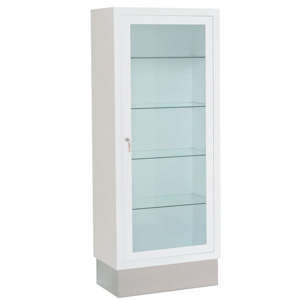 Vitrina clínica pintada en blanco con 1 puerta y zócalo inox.