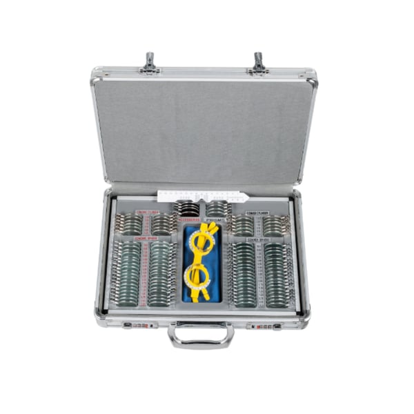 Caja metálica con 104 lentes de pruebas optométricas, con aros metálicos​