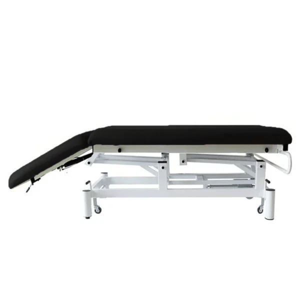 Camilla eléctrica de dos cuerpos Kinefis Quality (tapizada en negra): Con ruedas escamoteables, respaldo reclinable por pistón de gas, estructura blanca de gran estabilidad - Última Unidad en stock