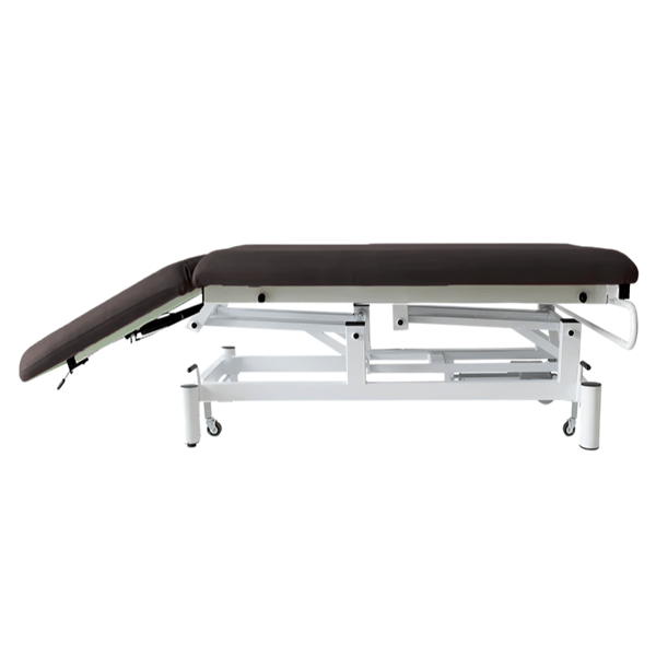Camilla eléctrica de dos cuerpos Kinefis Quality (tapizada en gris oscuro): Con ruedas escamoteables, respaldo reclinable por pistón de gas, estructura blanca de gran estabilidad - Última Unidad en stock