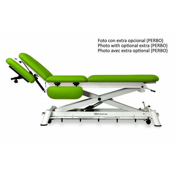Camilla eléctrica multifuncional para osteopatía: siete cuerpos con respaldo reclinable en negativo, reposabrazos regulables, portarrollos, tapón facial y ruedas escamoteables (dos modelos disponibles)