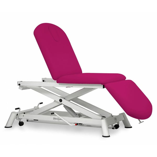 Camilla hidráulica: tres cuerpos, tipo sillón, con subida recta sin desplazamiento lateral, portarrollos, tapón facial y ruedas escamoteables (dos modelos disponibles)