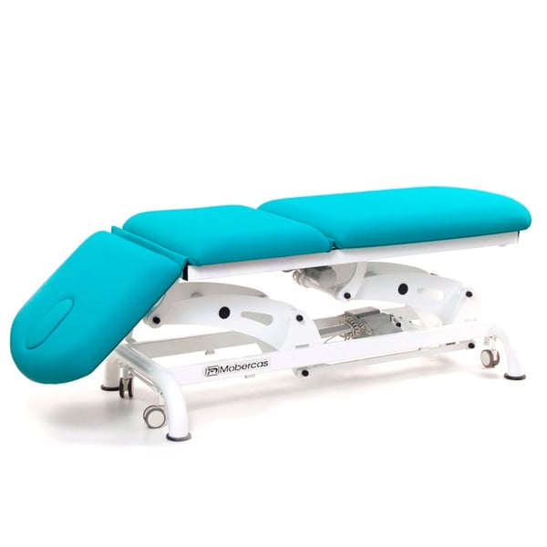 Camilla eléctrica multifuncional para osteopatía: tres cuerpos, con tres motores, respaldo reclinable en negativo, portarrollos y ruedas escamoteables (dos modelos disponibles)