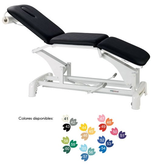 Camilla hidráulica Ecopostural: tres cuerpos, con estructura de acero, ruedas escamoteables y altura regulable