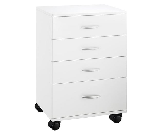 Carrito de madera blanca Handy: Equipado con cuatro cajones y cuatro ruedas para una mayor movilidad