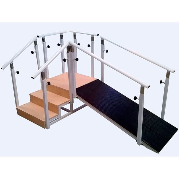 Escalera de tres escalones: con pasamanos y regulable en altura (con o sin rampa)