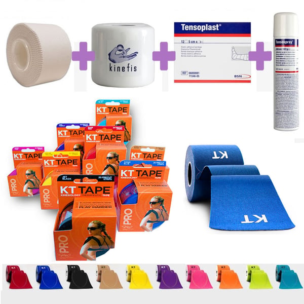 OFERTA PACK VENDAJE KT TAPE: 12 Rollos Kt Tape Vendaje Neuromuscular + 32 Tape Anticrisis + 6 Pretape Kinefis + Tensospray +  12 Tensoplast
