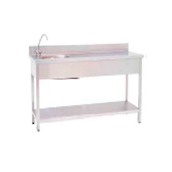 Mesa de trabajo fabricada en acero inoxidable: dos planos lisos, patas niveladoras y una cubeta. Sin grifo (150 x 60 x 85 cm)