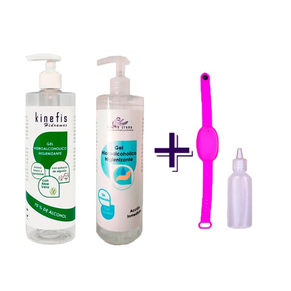 Pack Gel Hidroalcohólico Familiar: Kinefis Raer (500ml) + Kinefis Perfumado (500ml) + pulsera recargable con bote dosificador de regalo