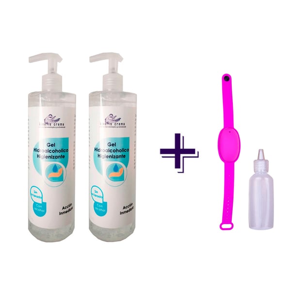 Pack Gel Hidroalcohólico RAER: Dos botes de Gel Hidroalcohólico higienizante Kinefis RAER 500 ml + pulsera recargable con bote dosificador de regalo