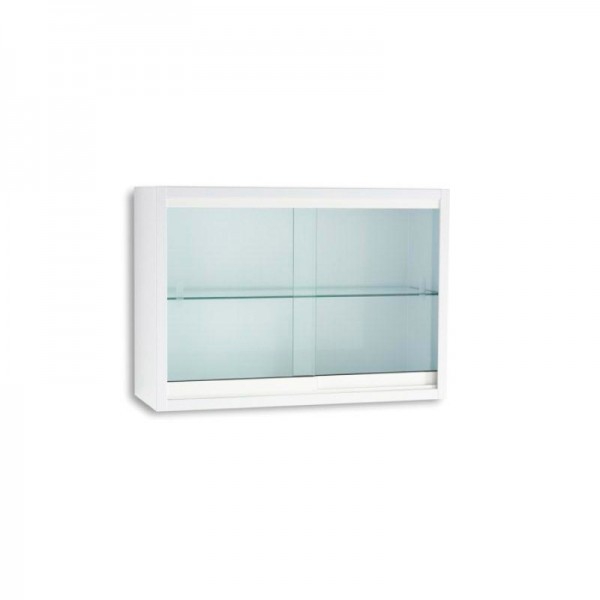 Vitrina mural en acero pintado en color blanco con un estante de cristal y puertas correderas Vitrina mural en acero pintado en color blanco con un estante de cristal y puertas correderas