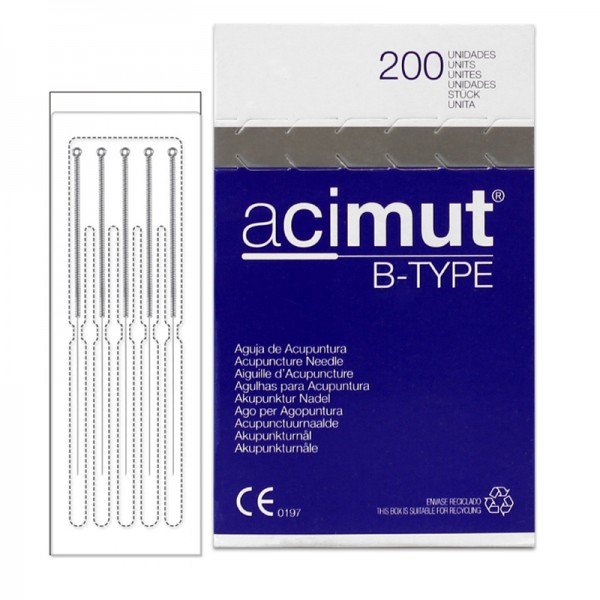 Agujas acupuntura Acimut B-Type - Mango bañado en plata con cabeza redonda sin guía en blister de cinco agujas Agujas acupuntura Acimut B-Type - Mango bañado en plata con cabeza redonda sin guía en blister de cinco agujas