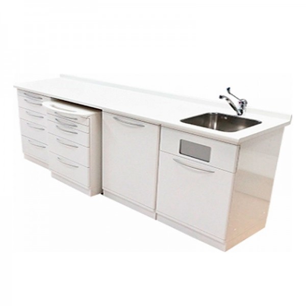Mueble en melamina blanco para gabinete con lavado integrado a la derecha Mueble en melamina blanco para gabinete con lavado integrado a la derecha