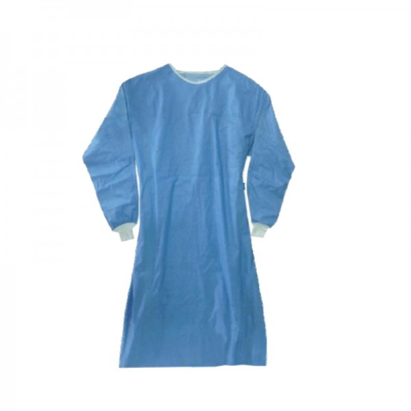 Bata desechable estéril azul 68 gramos: EPI clase I, puños ajustables en tejido blanco y cuello redondo ajustable con velcro