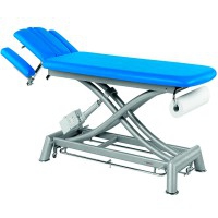 Camilla eléctrica Ecopostural de dos cuerpos: Con estructura tijera, cabezal tapón rectangular con apoyabrazos y periférico Camilla eléctrica Ecopostural de dos cuerpos: Con estructura tijera, cabezal tapón rectangular con apoyabrazos y periférico