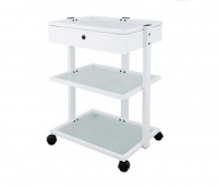 Carrito multifuncional metálico blanco para fisioterapia, podología y estética: Equipado con dos estantes de cristal translúcido y cajón con llave Carrito multifuncional metálico blanco para fisioterapia, podología y estética: Equipado con dos estantes de cristal translúcido y cajón con llave