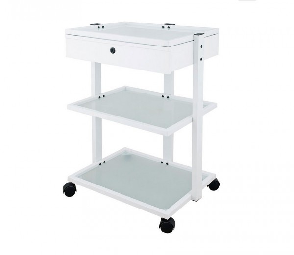 Carrito multifuncional metálico blanco para fisioterapia, podología y estética: Equipado con dos estantes de cristal translúcido y cajón con llave Carrito multifuncional metálico blanco para fisioterapia, podología y estética: Equipado con dos estantes de cristal translúcido y cajón con llave