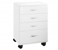 Carrito de madera blanca Handy: Equipado con cuatro cajones y cuatro ruedas para una mayor movilidad Carrito de madera blanca Handy: Equipado con cuatro cajones y cuatro ruedas para una mayor movilidad