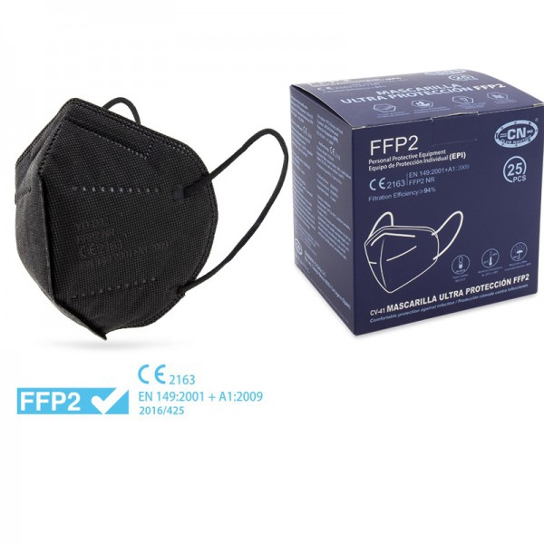 Mascarillas FFP2 color negro con certificado europeo CE (embolsadas individualmente - Caja de 25 unidades) Mascarillas FFP2 color negro con certificado europeo CE (embolsadas individualmente - Caja de 25 unidades)