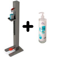 Mueble dispensador COVID-19: regulable en altura y accionamiento automático con el pie + gel hidroalcohólico de regalo (500ml)