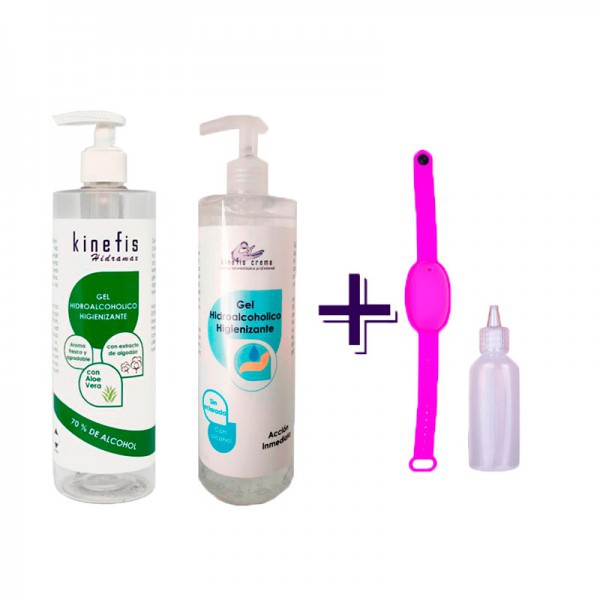 Pack Gel Hidroalcohólico Familiar: Kinefis Raer (500ml) + Kinefis Perfumado (500ml) + pulsera recargable con bote dosificador de regalo Pack Gel Hidroalcohólico Familiar: Kinefis Raer (500ml) + Kinefis Perfumado (500ml) + pulsera recargable con bote dosificador de regalo