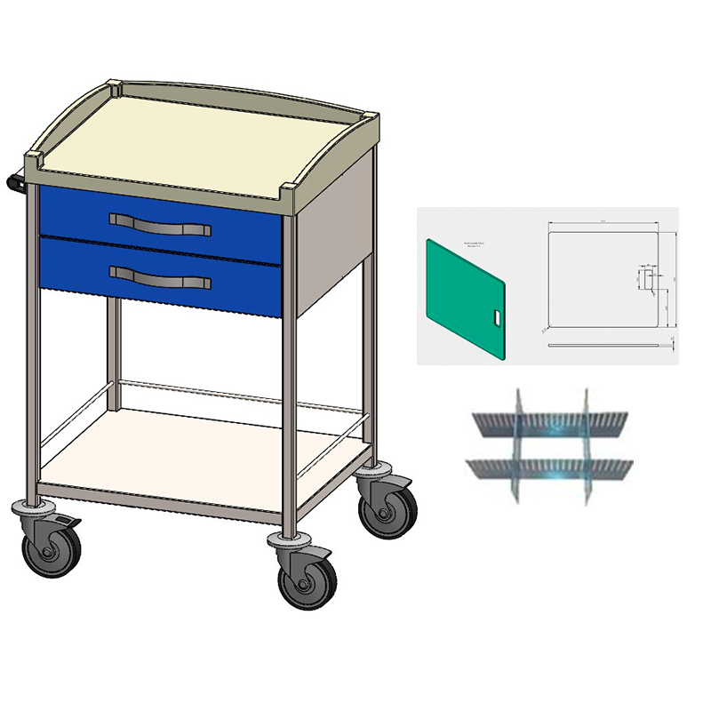 Carro modular de acero inoxidable: con dos cajones superiores y dos estantes, tabla de parada y separadores en cajones