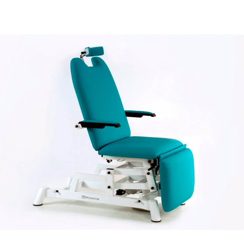 Sillón eléctrico de oftalmología: tres cuerpos, con regulación en altura, apoyabrazos, cabezal ergonómico y Trendelenburg compensado